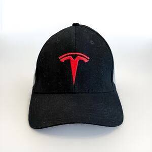 Tesla Mens Black Red Embroidered Logo Stretched Fitted Hat Size S/M Baseball Cap